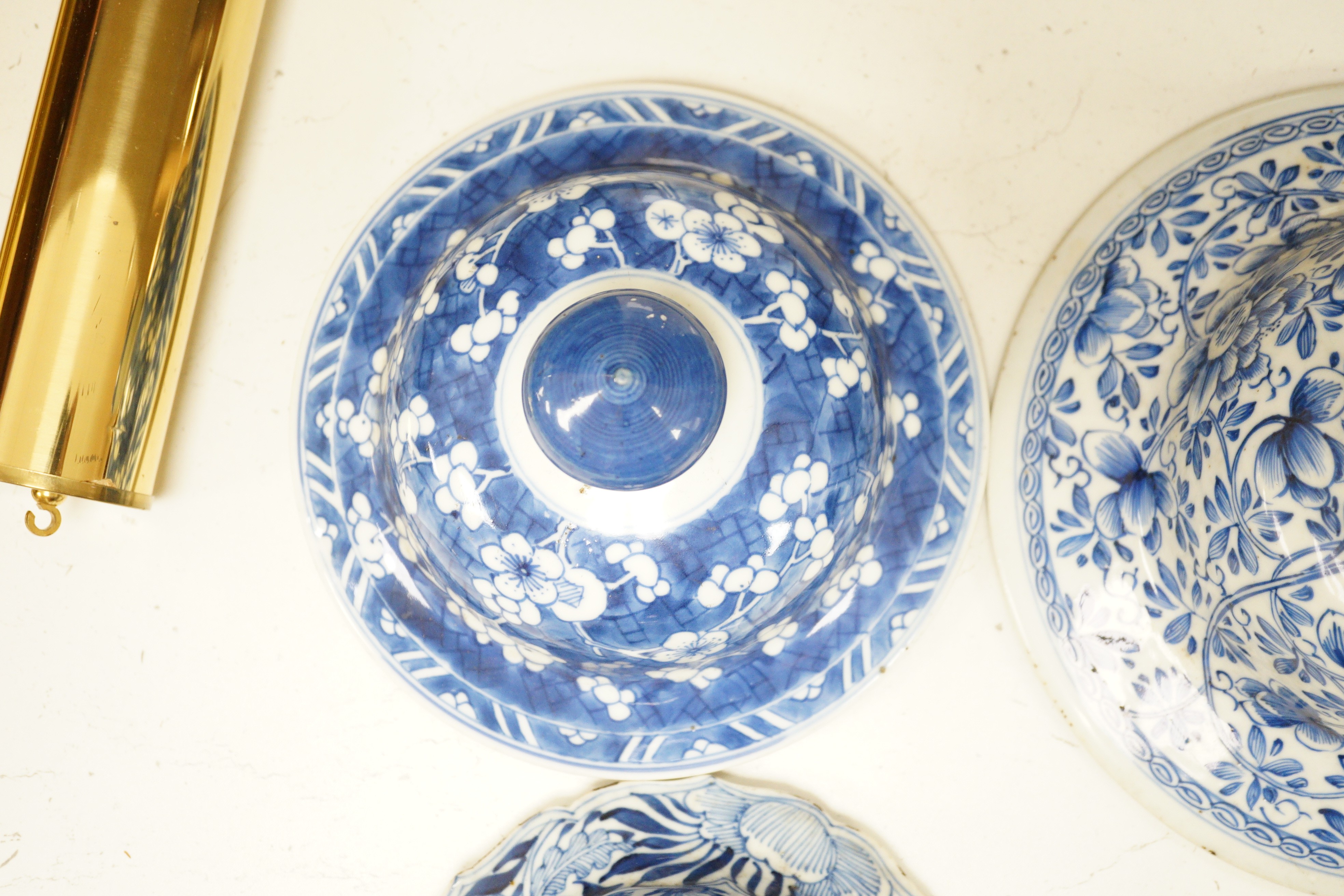 Six Chinese Kangxi blue and white vases and jar covers, largest 21.5cm diameter., Provenance - D.C.Monk & Son, former dealers based in Kensington Church Street, London W8